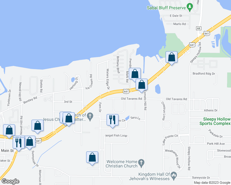 map of restaurants, bars, coffee shops, grocery stores, and more near 1850 East Main Street in Leesburg
