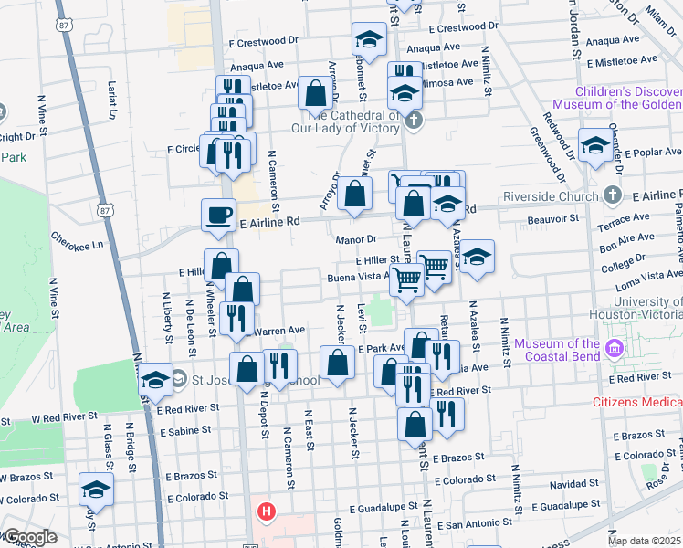 map of restaurants, bars, coffee shops, grocery stores, and more near 2403 Levi Street in Victoria