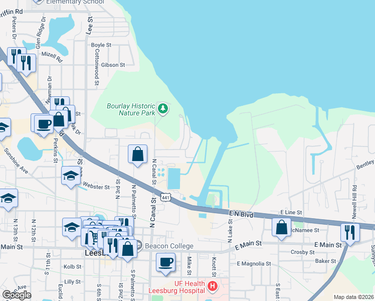 map of restaurants, bars, coffee shops, grocery stores, and more near 600-698 Pat Road in Leesburg