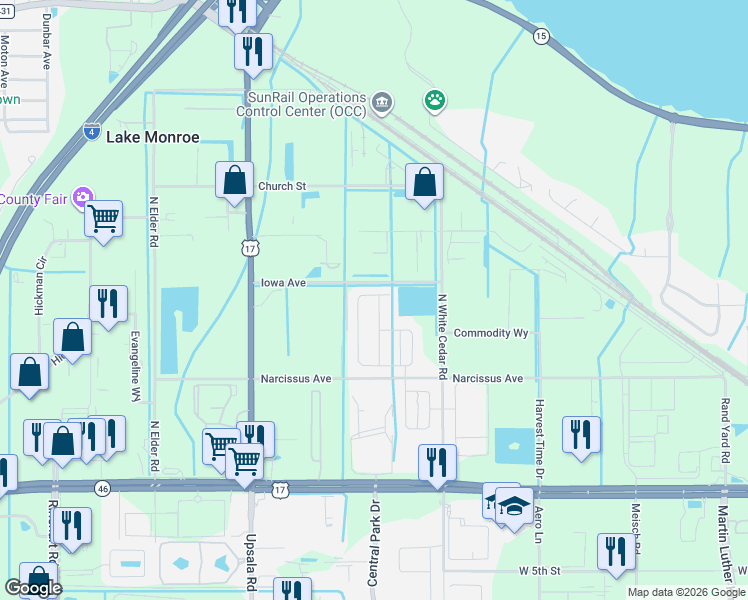 map of restaurants, bars, coffee shops, grocery stores, and more near 529 Red Rose Lane in Sanford