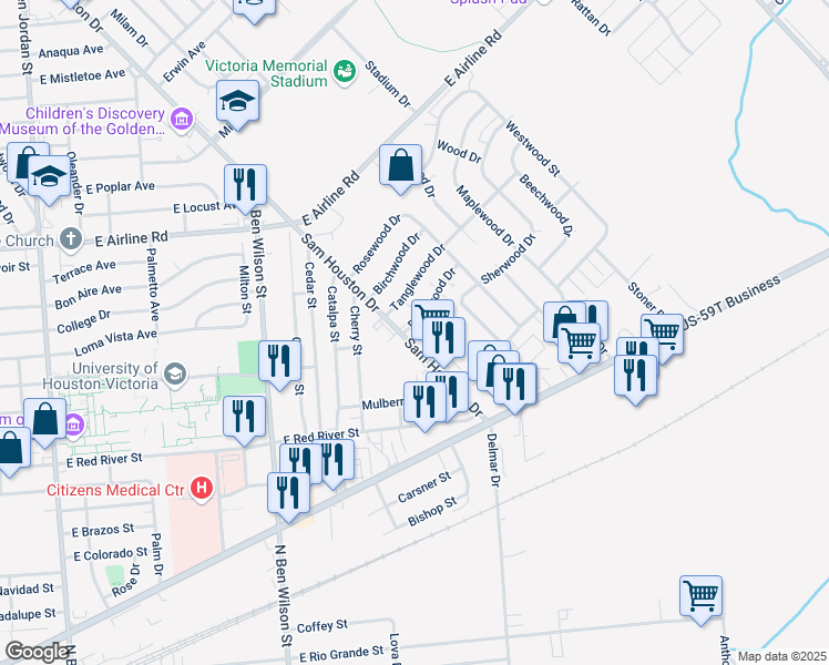 map of restaurants, bars, coffee shops, grocery stores, and more near 307-C Sam Houston Drive in Victoria