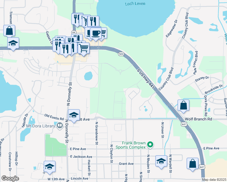 map of restaurants, bars, coffee shops, grocery stores, and more near Bristol Lakes Road in Mount Dora