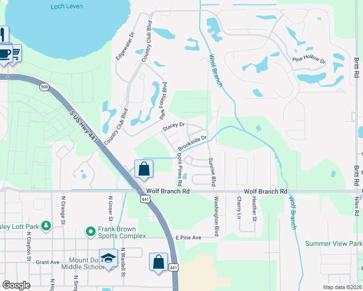 map of restaurants, bars, coffee shops, grocery stores, and more near 2401 Dora Pines Road in Mount Dora