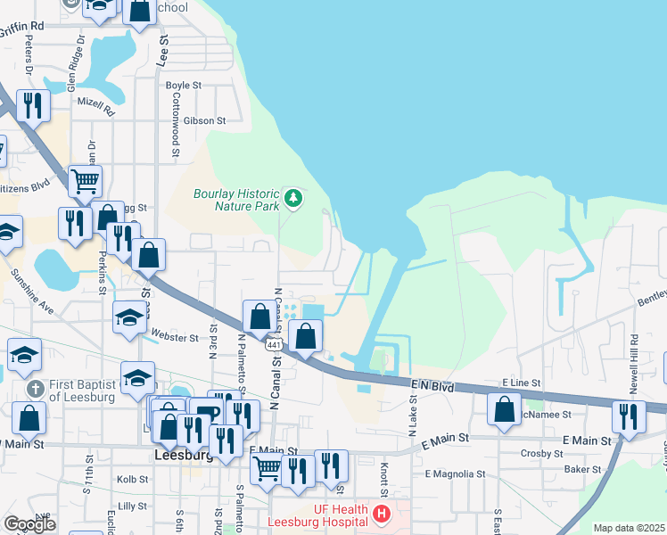 map of restaurants, bars, coffee shops, grocery stores, and more near 104 Christine Drive in Leesburg