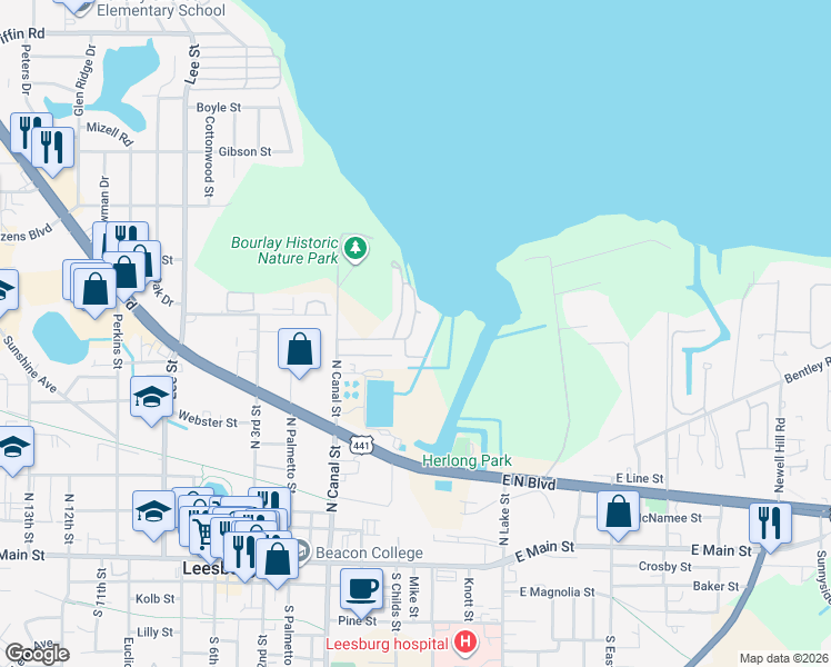 map of restaurants, bars, coffee shops, grocery stores, and more near 104 Christine Drive in Leesburg