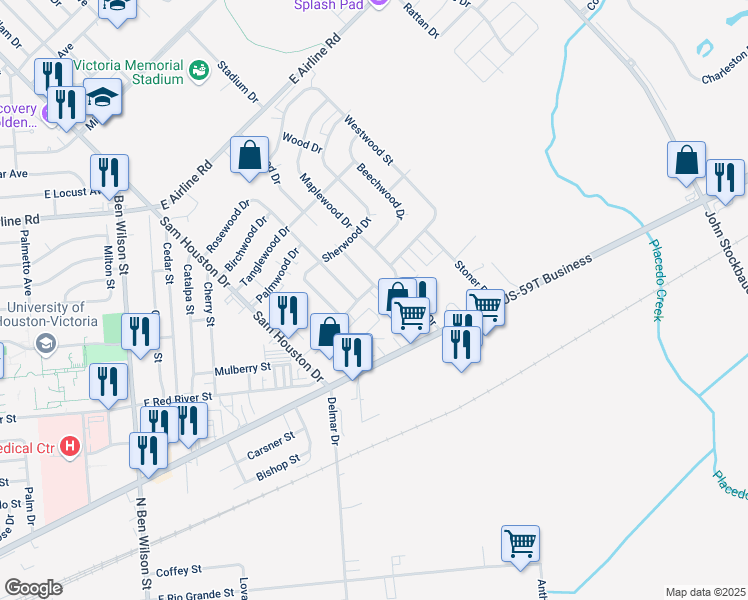 map of restaurants, bars, coffee shops, grocery stores, and more near 103 Sherwood Drive in Victoria