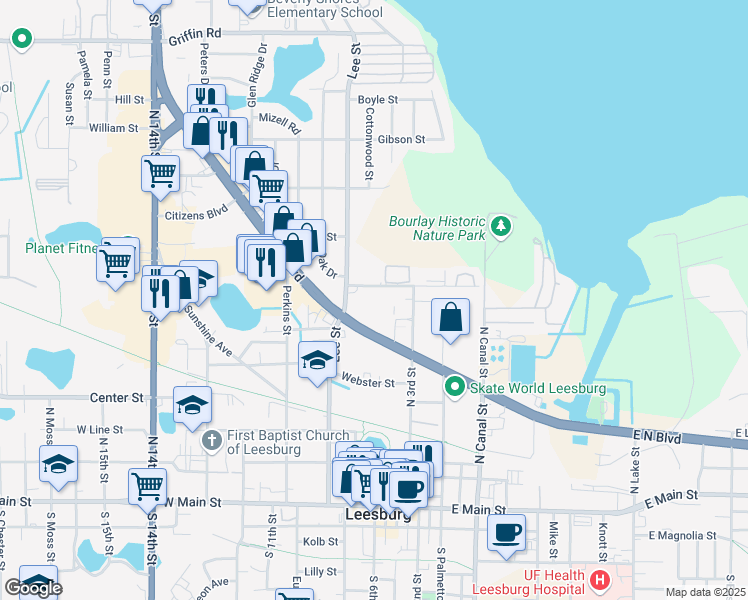 map of restaurants, bars, coffee shops, grocery stores, and more near 643 West Oak Terrace Drive in Leesburg