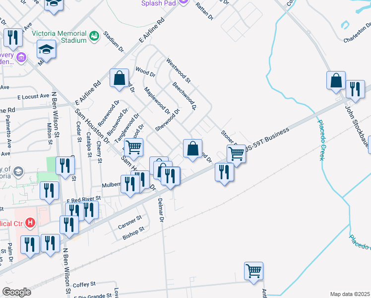 map of restaurants, bars, coffee shops, grocery stores, and more near 307 Teakwood Drive in Victoria