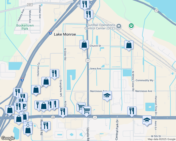 map of restaurants, bars, coffee shops, grocery stores, and more near in Lake Monroe