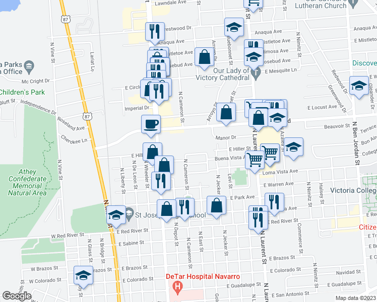 map of restaurants, bars, coffee shops, grocery stores, and more near 702 East Hiller Street in Victoria