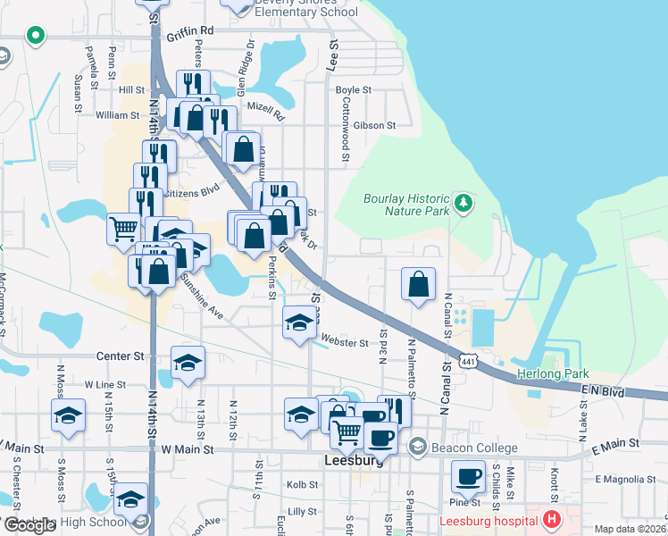 map of restaurants, bars, coffee shops, grocery stores, and more near 800 Lee Street in Leesburg