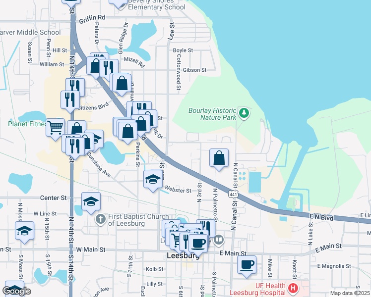 map of restaurants, bars, coffee shops, grocery stores, and more near 641 West Oak Terrace Drive in Leesburg