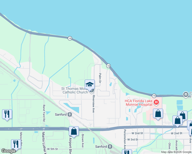 map of restaurants, bars, coffee shops, grocery stores, and more near 451 Riverview Avenue in Sanford