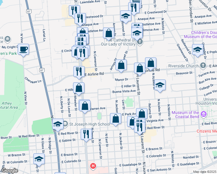 map of restaurants, bars, coffee shops, grocery stores, and more near 808 East Hiller Street in Victoria