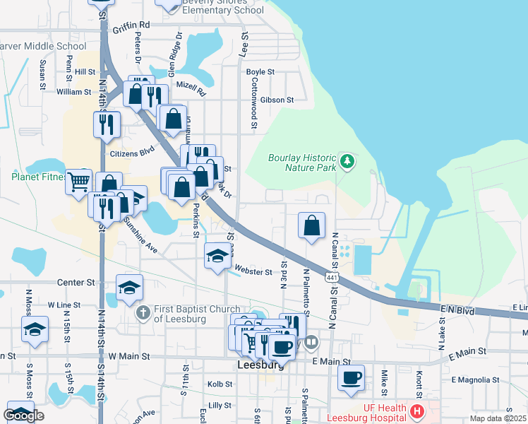 map of restaurants, bars, coffee shops, grocery stores, and more near 633 West Oak Terrace Drive in Leesburg