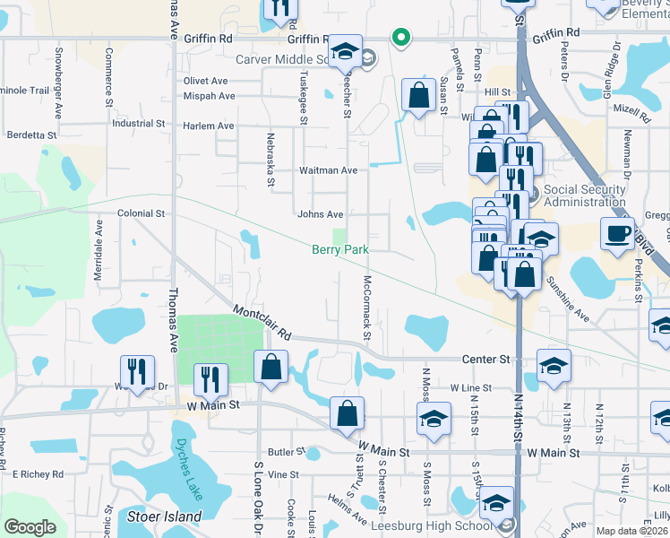 map of restaurants, bars, coffee shops, grocery stores, and more near 2121 Johns Avenue in Leesburg
