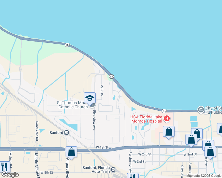 map of restaurants, bars, coffee shops, grocery stores, and more near 151 Monroe View Trail in Sanford