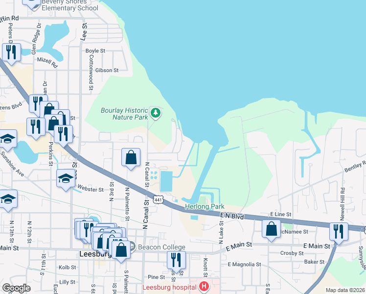 map of restaurants, bars, coffee shops, grocery stores, and more near 104 Christine Drive in Leesburg