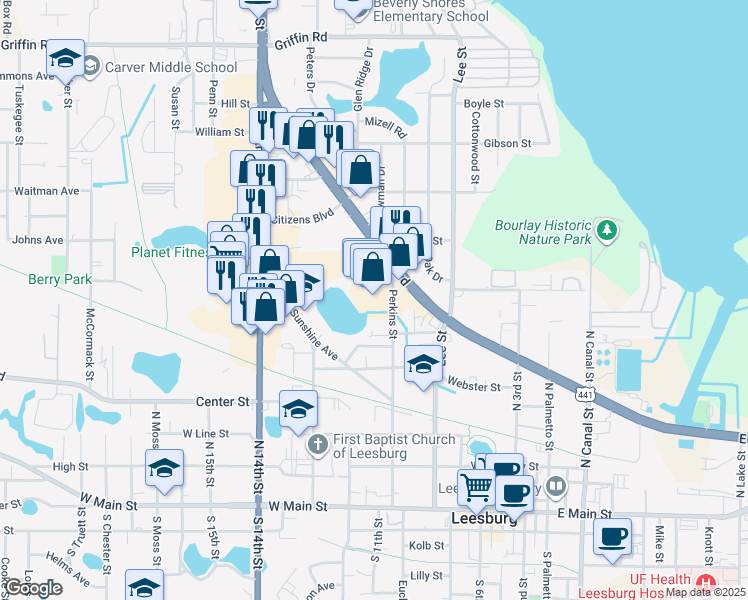 map of restaurants, bars, coffee shops, grocery stores, and more near 1107 West North Boulevard in Leesburg