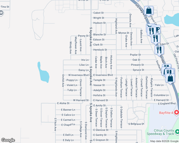 map of restaurants, bars, coffee shops, grocery stores, and more near 937 South Apopka Avenue in Inverness