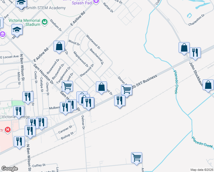 map of restaurants, bars, coffee shops, grocery stores, and more near 204 Maplewood Drive in Victoria