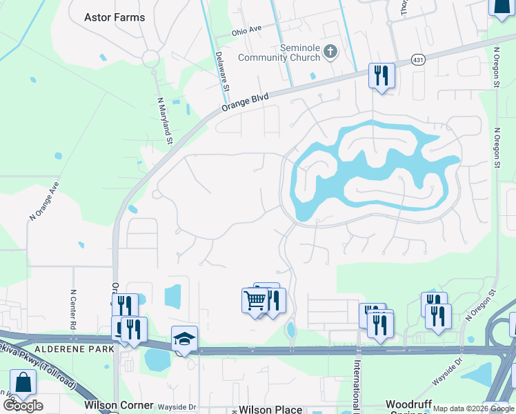 map of restaurants, bars, coffee shops, grocery stores, and more near 5442 Maple Ridge Court in Sanford