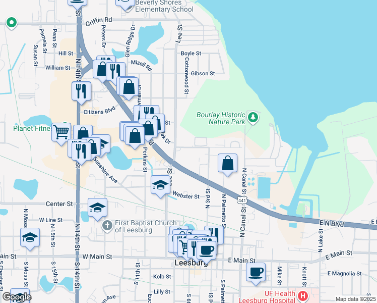 map of restaurants, bars, coffee shops, grocery stores, and more near 641 West Oak Terrace Drive in Leesburg