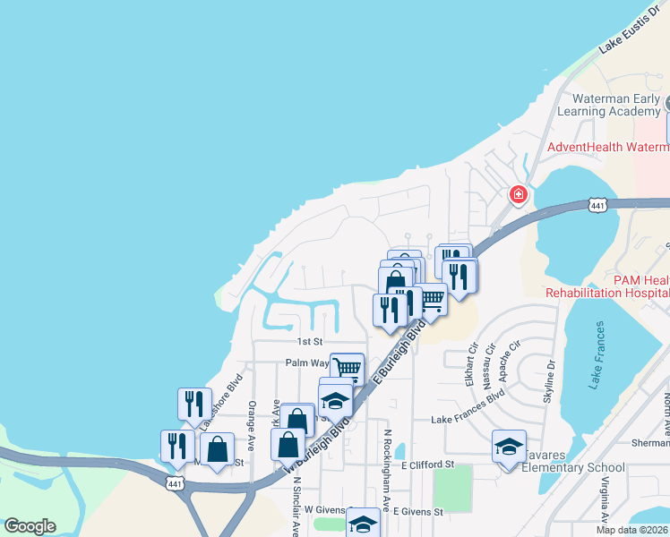 map of restaurants, bars, coffee shops, grocery stores, and more near 1812 Virginia Court in Tavares