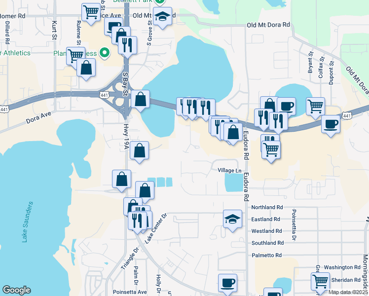 map of restaurants, bars, coffee shops, grocery stores, and more near 4901 Lake Park Court in Mount Dora