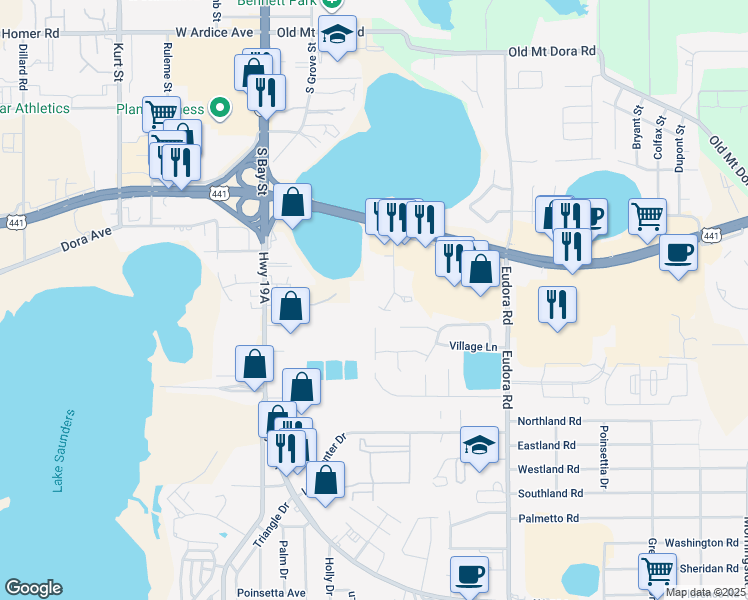 map of restaurants, bars, coffee shops, grocery stores, and more near 4901 Lake Park Court in Mount Dora
