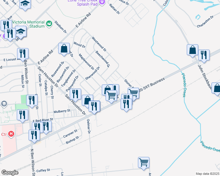 map of restaurants, bars, coffee shops, grocery stores, and more near 204 Maplewood Drive in Victoria