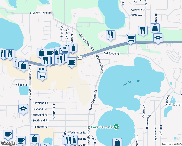 map of restaurants, bars, coffee shops, grocery stores, and more near 1855 Sussex Drive in Mount Dora