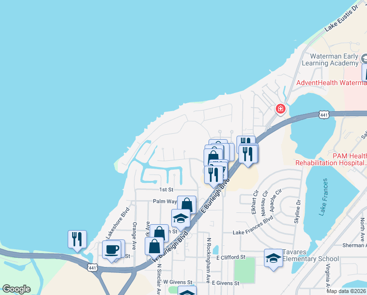 map of restaurants, bars, coffee shops, grocery stores, and more near 1812 Virginia Court in Tavares