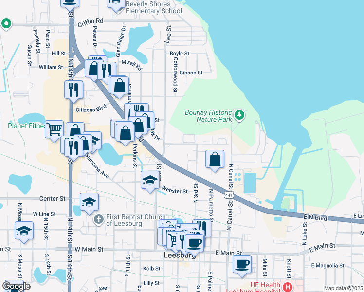 map of restaurants, bars, coffee shops, grocery stores, and more near 641 West Oak Terrace Drive in Leesburg