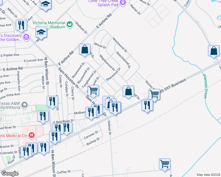 map of restaurants, bars, coffee shops, grocery stores, and more near 710 Rosewood Drive in Victoria
