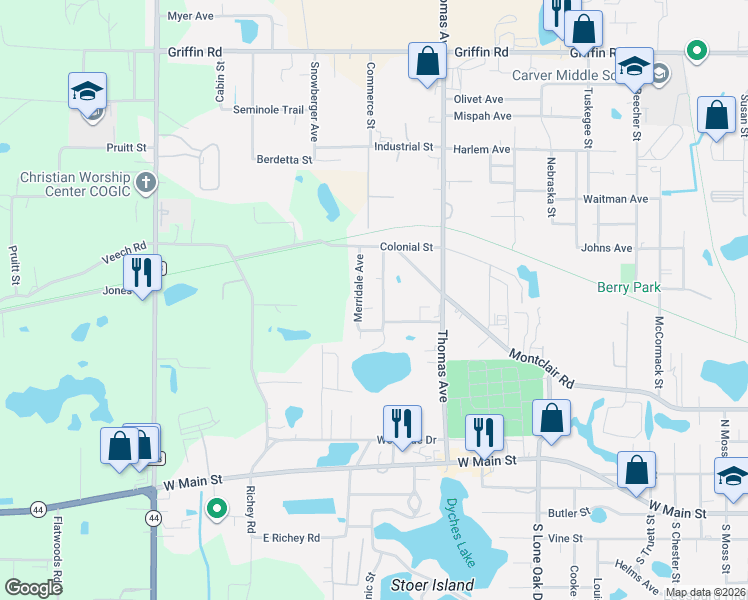 map of restaurants, bars, coffee shops, grocery stores, and more near 800 Merridale Avenue in Leesburg
