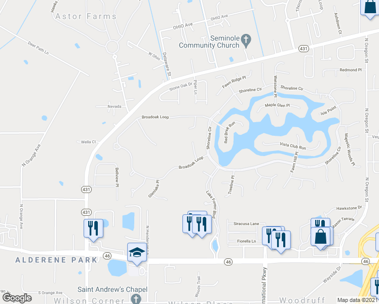 map of restaurants, bars, coffee shops, grocery stores, and more near 5442 Maple Ridge Court in Sanford