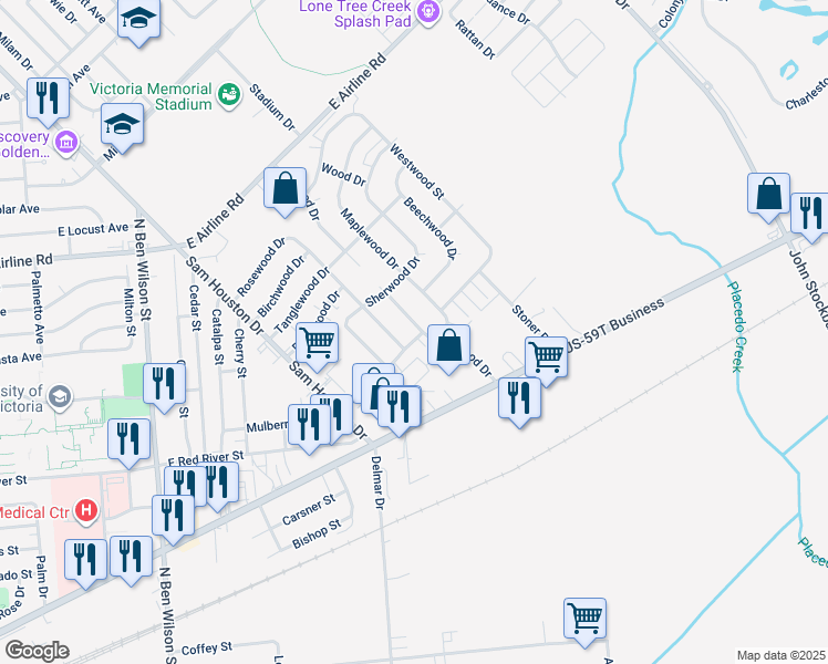 map of restaurants, bars, coffee shops, grocery stores, and more near 307 Teakwood Drive in Victoria