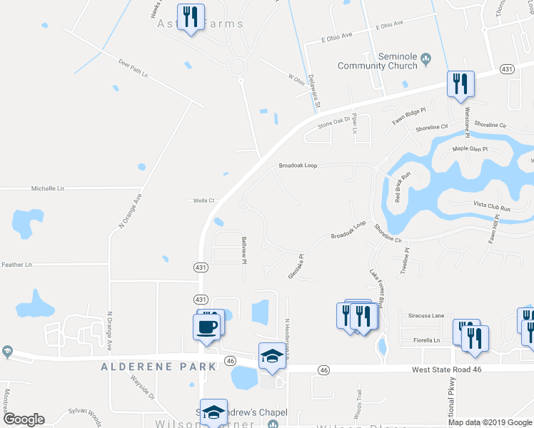 map of restaurants, bars, coffee shops, grocery stores, and more near 626 Broadoak Loop in Sanford