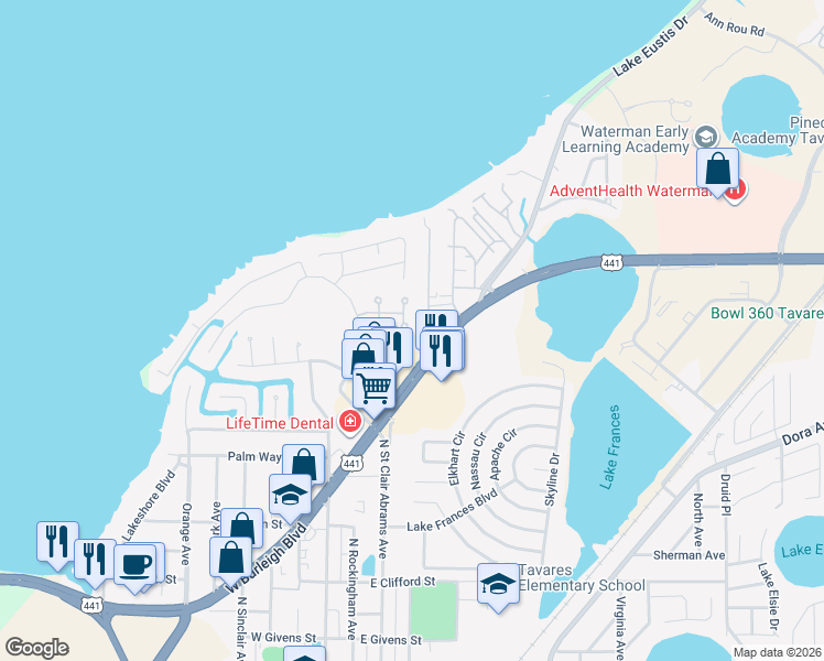 map of restaurants, bars, coffee shops, grocery stores, and more near 1943 Maple Circle in Tavares