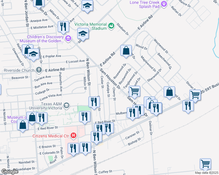 map of restaurants, bars, coffee shops, grocery stores, and more near 3406 Catalpa Street in Victoria