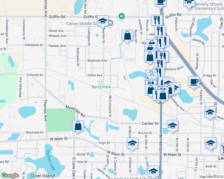map of restaurants, bars, coffee shops, grocery stores, and more near 1901 Bradford Avenue in Leesburg
