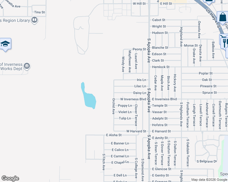 map of restaurants, bars, coffee shops, grocery stores, and more near 934 Orchid Avenue in Inverness