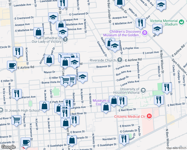 map of restaurants, bars, coffee shops, grocery stores, and more near 1806 Bon Aire Avenue in Victoria