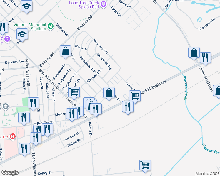 map of restaurants, bars, coffee shops, grocery stores, and more near 204 Maplewood Drive in Victoria