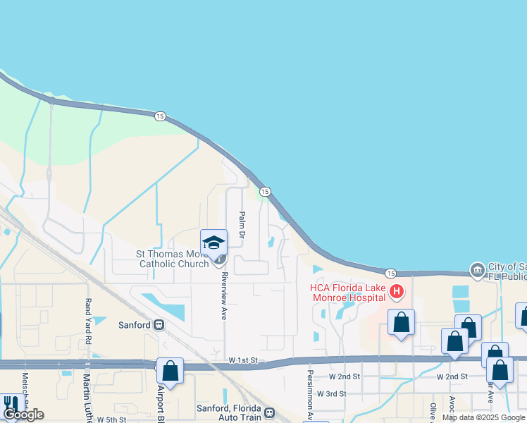 map of restaurants, bars, coffee shops, grocery stores, and more near 151 Monroe View Trail in Sanford