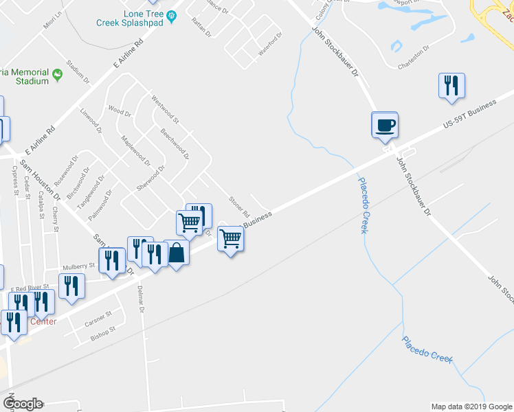 map of restaurants, bars, coffee shops, grocery stores, and more near 4810 Houston Highway in Victoria