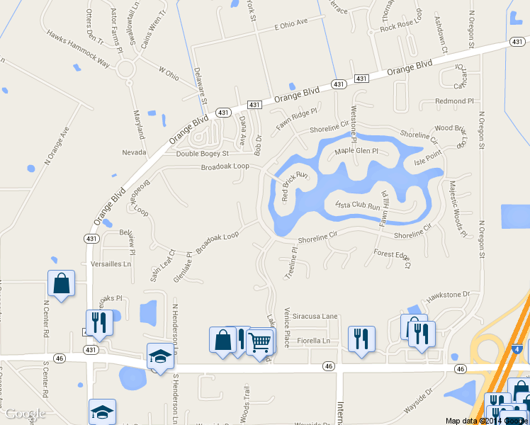 map of restaurants, bars, coffee shops, grocery stores, and more near 4824 Shoreline Cir in Sanford