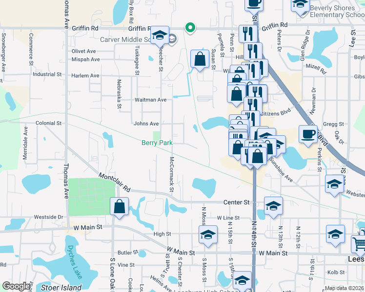 map of restaurants, bars, coffee shops, grocery stores, and more near 1901 Bradford Avenue in Leesburg