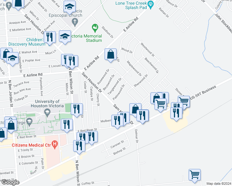 map of restaurants, bars, coffee shops, grocery stores, and more near 201 Palmwood Drive in Victoria